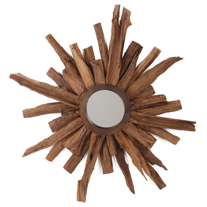 Miroir mural contemporain en teck sunburst - Miroir décoratif créatif en teck naturel pour salon 