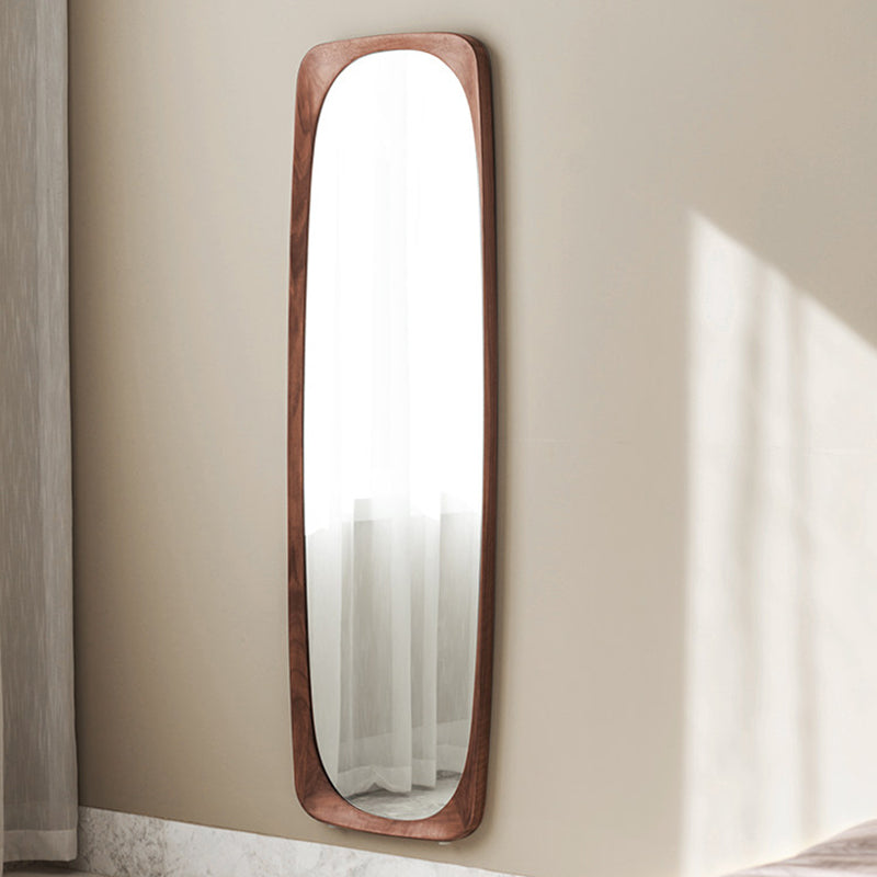 Zeitgenössischer nordischer rechteckiger Ganzkörperspiegel mit abgerundeten Ecken aus Walnuss-Massivholz, Sperrholz und Glas, freistehend &amp; wandmontiert, für Schlafzimmer und Wohnzimmer 