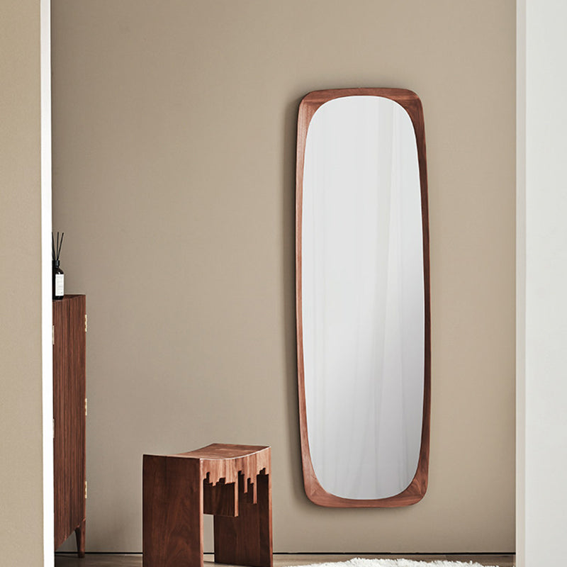 Zeitgenössischer nordischer rechteckiger Ganzkörperspiegel mit abgerundeten Ecken aus Walnuss-Massivholz, Sperrholz und Glas, freistehend &amp; wandmontiert, für Schlafzimmer und Wohnzimmer 
