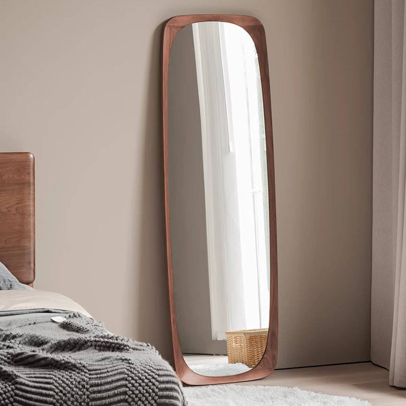 Zeitgenössischer nordischer rechteckiger Ganzkörperspiegel mit abgerundeten Ecken aus Walnuss-Massivholz, Sperrholz und Glas, freistehend &amp; wandmontiert, für Schlafzimmer und Wohnzimmer 