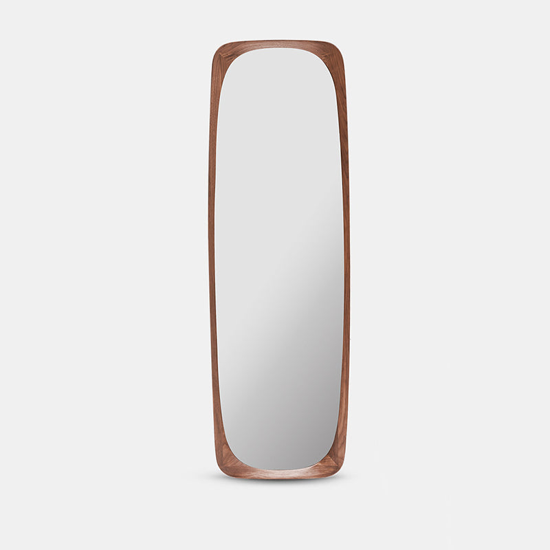 Zeitgenössischer nordischer rechteckiger Ganzkörperspiegel mit abgerundeten Ecken aus Walnuss-Massivholz, Sperrholz und Glas, freistehend &amp; wandmontiert, für Schlafzimmer und Wohnzimmer 