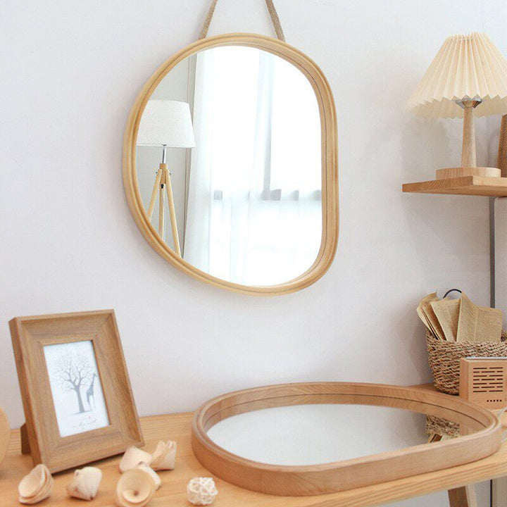 Moderner nordischer ovaler Wandspiegel aus Sperrholz aus Holz, Schmink- und Kosmetikspiegel für Badezimmer und Schlafzimmer 