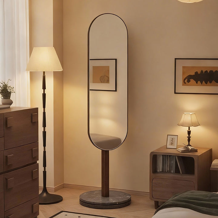 Modern Luxury Rubberwood Marble MDF Oval Rotating Full-Length Floor Mirror For Bedroom