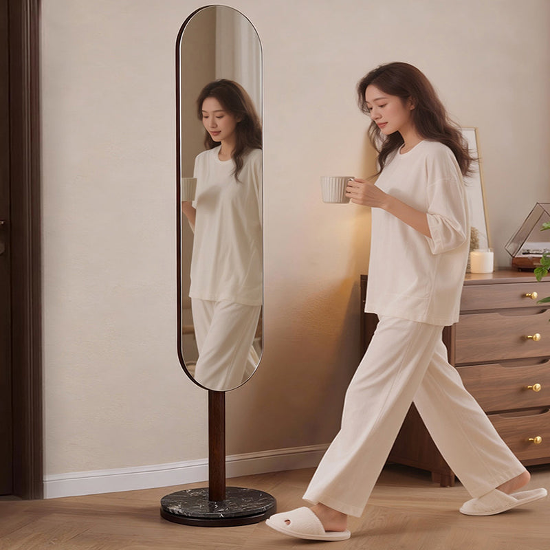 Modern Luxury Rubberwood Marble MDF Oval Rotating Full-Length Floor Mirror For Bedroom