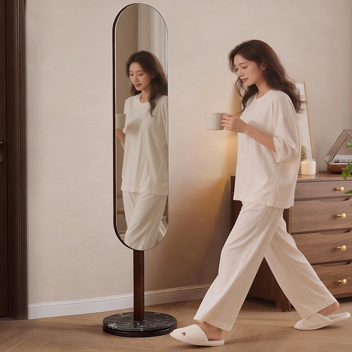 Modern Luxury Rubberwood Marble MDF Oval Rotating Full-Length Floor Mirror For Bedroom