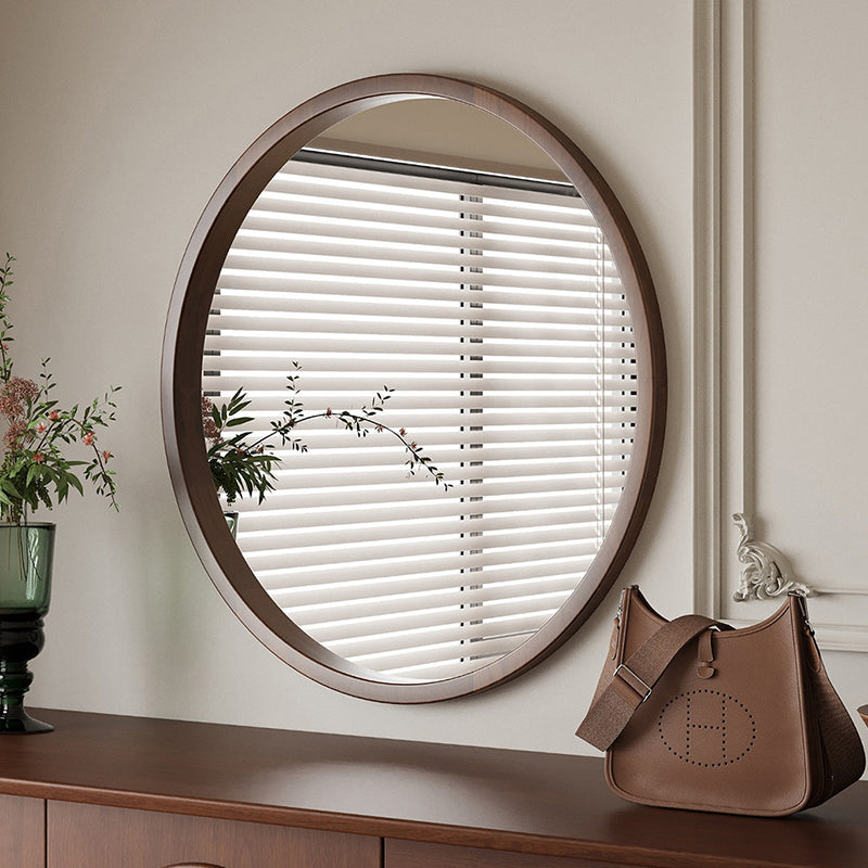 Modern Minimalist Rubber Wood Round HD Makeup Mirror For Bedroom &amp; Bathroom Wall Mounted Or Leaning