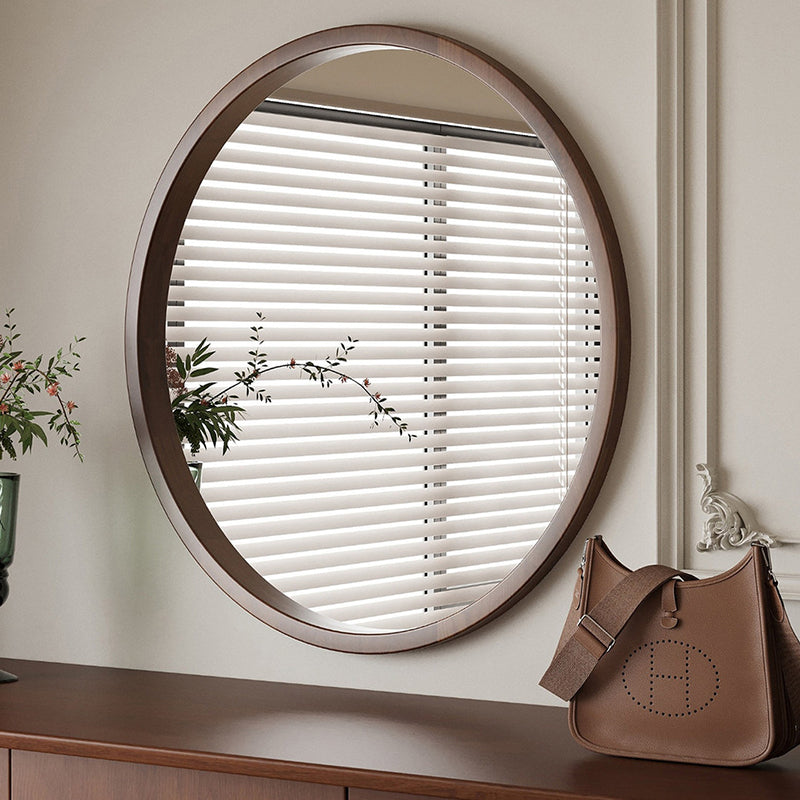 Modern Minimalist Rubber Wood Round HD Makeup Mirror For Bedroom &amp; Bathroom Wall Mounted Or Leaning