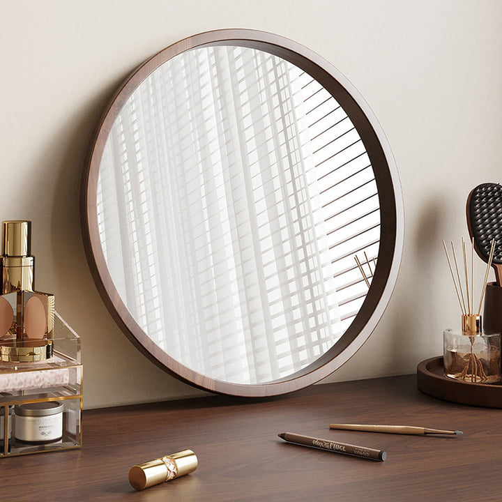 Modern Minimalist Rubber Wood Round HD Makeup Mirror For Bedroom &amp; Bathroom Wall Mounted Or Leaning