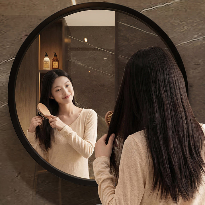 Modern Minimalist Rubber Wood Round HD Makeup Mirror For Bedroom &amp; Bathroom Wall Mounted Or Leaning