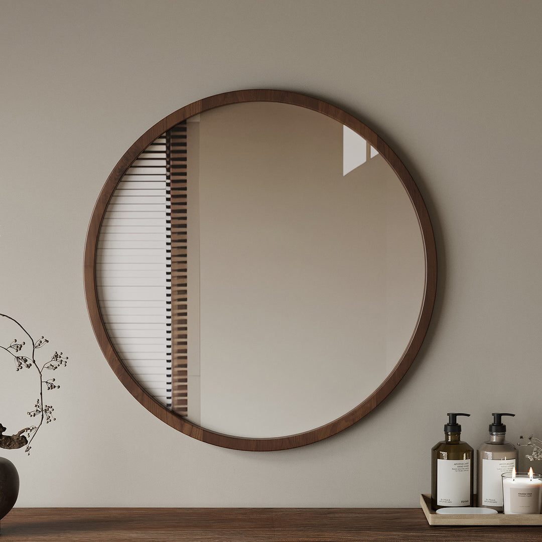 Modern Minimalist Rubber Wood Round HD Makeup Mirror For Bedroom &amp; Bathroom Wall Mounted Or Leaning