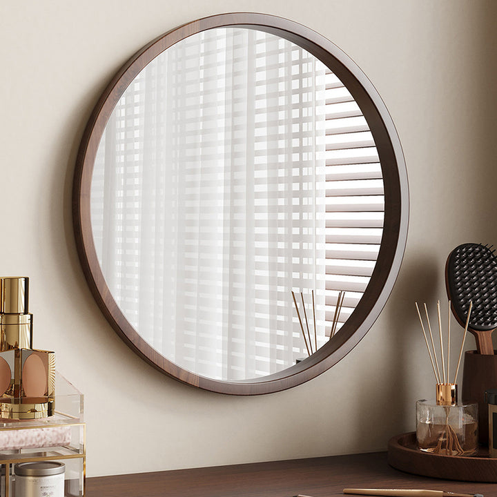 Modern Minimalist Rubber Wood Round HD Makeup Mirror For Bedroom &amp; Bathroom Wall Mounted Or Leaning