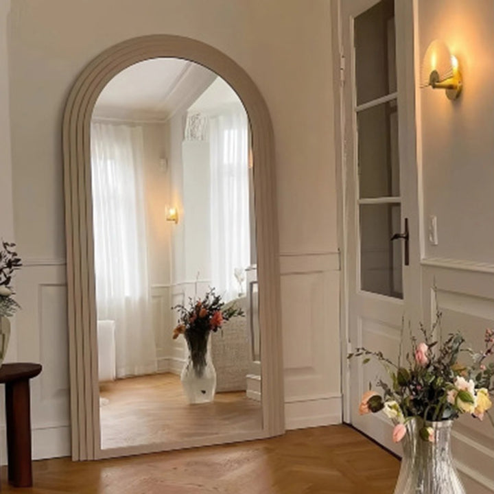 Contemporary Retro Solid Wood &amp; MDF Arched Leaning Full-Length Mirror For Bedroom &amp; Living Room Elegant Floor Mirror