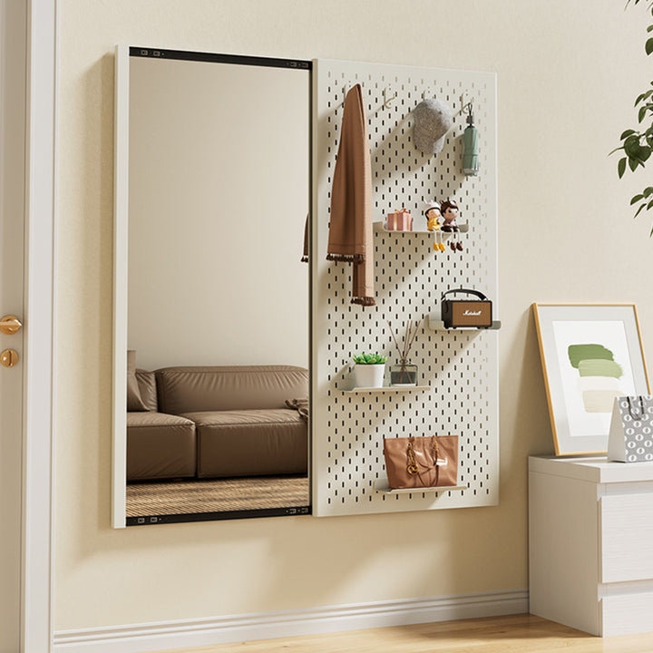 Modern Minimalist Metal &amp; Glass Sliding Full-Length Wall Mirror With Pegboard Storage Wall-Mounted Entryway Dressing Mirror
