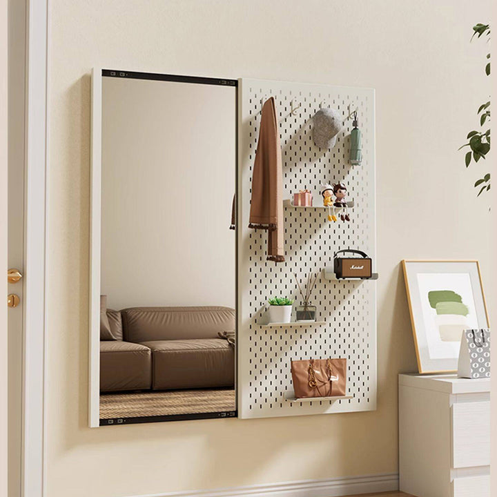 Modern Minimalist Metal &amp; Glass Sliding Full-Length Wall Mirror With Pegboard Storage Wall-Mounted Entryway Dressing Mirror