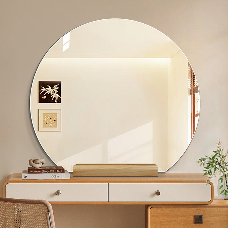 Moderner minimalistischer unregelmäßiger Halbkreis-Spiegel aus Massivholz und Glas mit Standfuß für Schlafzimmer &amp; Badezimmer 