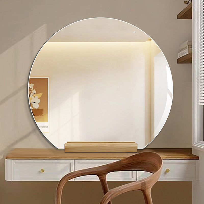 Moderner minimalistischer unregelmäßiger Halbkreis-Spiegel aus Massivholz und Glas mit Standfuß für Schlafzimmer &amp; Badezimmer 