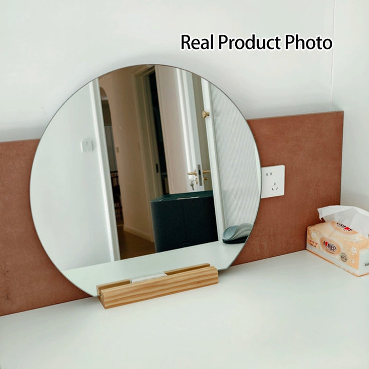 Moderner minimalistischer unregelmäßiger Halbkreis-Spiegel aus Massivholz und Glas mit Standfuß für Schlafzimmer &amp; Badezimmer 