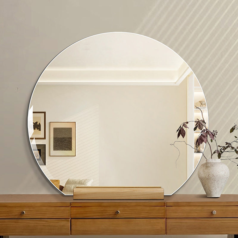 Moderner minimalistischer unregelmäßiger Halbkreis-Spiegel aus Massivholz und Glas mit Standfuß für Schlafzimmer &amp; Badezimmer 