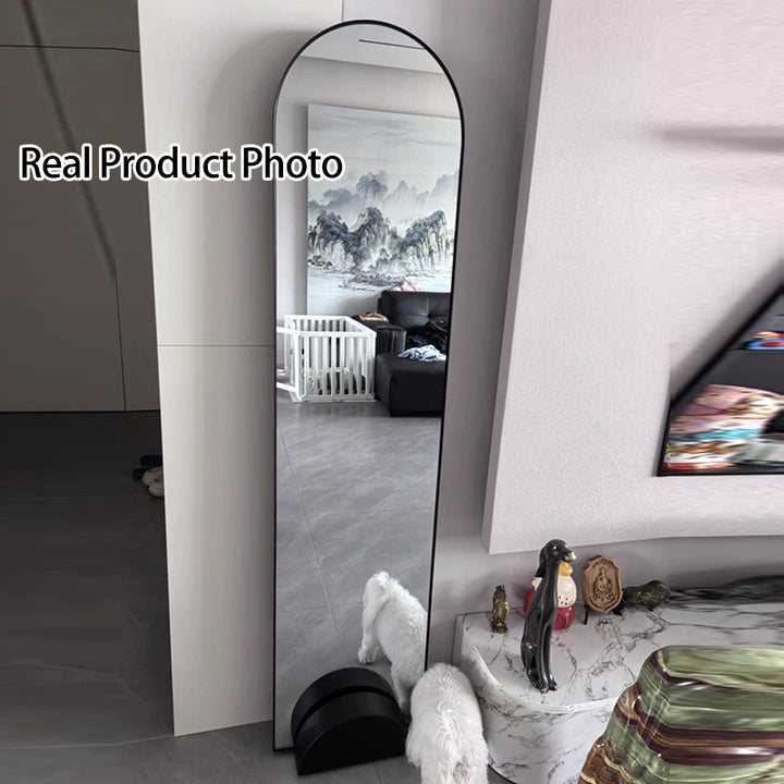 Espejo de pie de cuerpo entero con arco de vidrio y acero al carbono de estilo minimalista moderno con soporte para dormitorio 