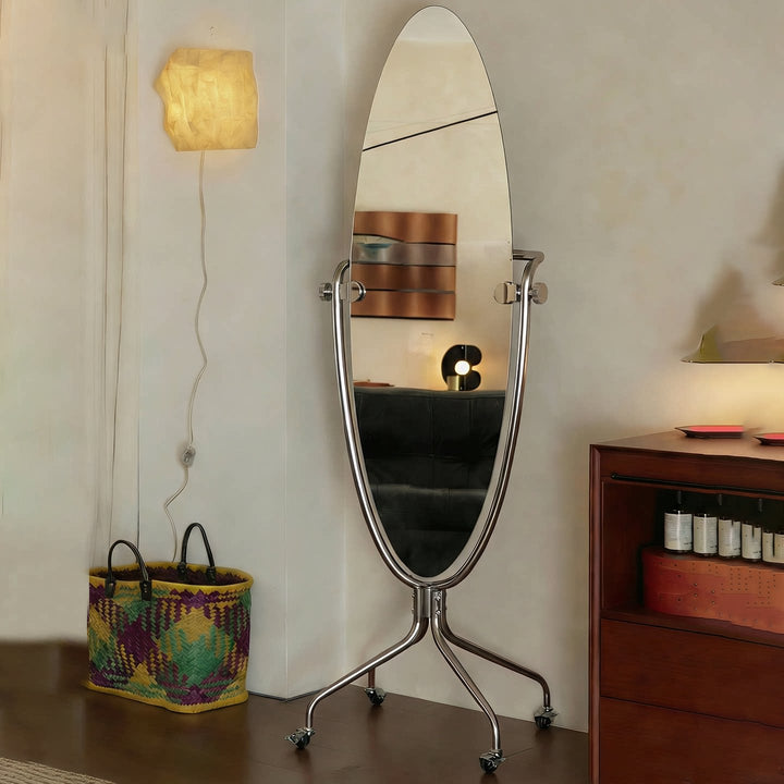 Modern Mid-Century Stainless Steel Glass Oval Full Length Floor Mirror With Rolling Swivel Coat Rack For Bedroom & Living Room