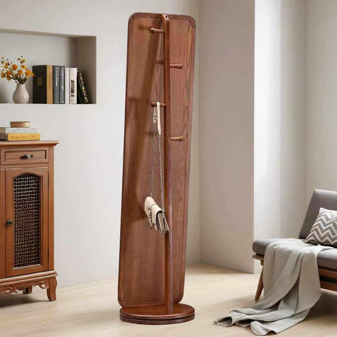 Traditional Chinese Solid Ash Wood Glass Rounded Rectangle Full-Length Floor Mirror With Swivel Coat Rack For Bedroom