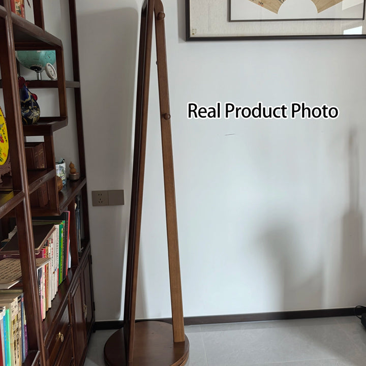 Traditional Chinese Solid Ash Wood Glass Rounded Rectangle Full-Length Floor Mirror With Swivel Coat Rack For Bedroom