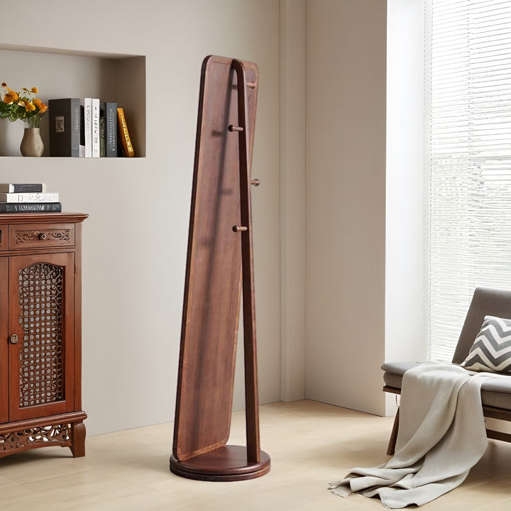 Traditional Chinese Solid Ash Wood Glass Rounded Rectangle Full-Length Floor Mirror With Swivel Coat Rack For Bedroom