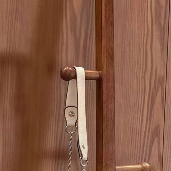 Traditional Chinese Solid Ash Wood Glass Rounded Rectangle Full-Length Floor Mirror With Swivel Coat Rack For Bedroom