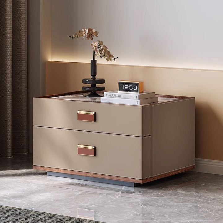 Table de chevet rectangulaire en faux cuir de luxe moderne, noyer, acier au carbone et dalle de pierre, avec 2 tiroirs pour chambre à coucher 