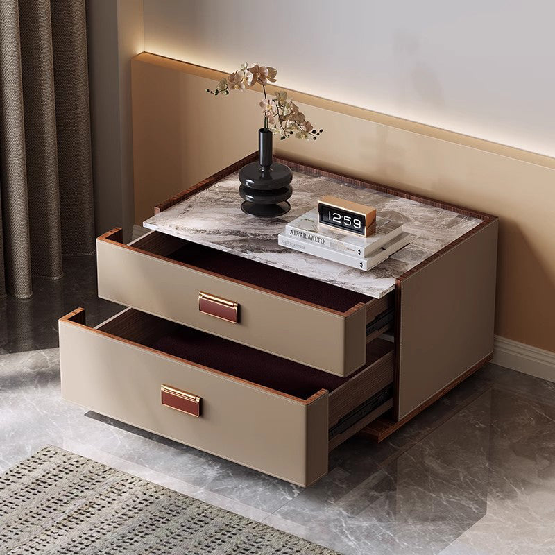 Table de chevet rectangulaire en faux cuir de luxe moderne, noyer, acier au carbone et dalle de pierre, avec 2 tiroirs pour chambre à coucher 