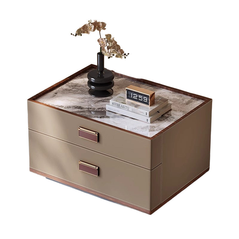 Table de chevet rectangulaire en faux cuir de luxe moderne, noyer, acier au carbone et dalle de pierre, avec 2 tiroirs pour chambre à coucher 