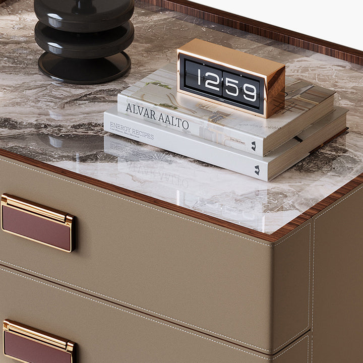 Table de chevet rectangulaire en faux cuir de luxe moderne, noyer, acier au carbone et dalle de pierre, avec 2 tiroirs pour chambre à coucher 