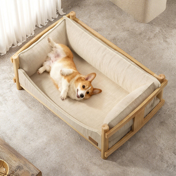 Modern Minimalist Birch Plywood Rectangular Pet Dog Bed With Removable Washable Linen Cover For Living Room