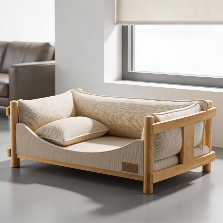 Modern Minimalist Birch Plywood Rectangular Pet Dog Bed With Removable Washable Linen Cover For Living Room