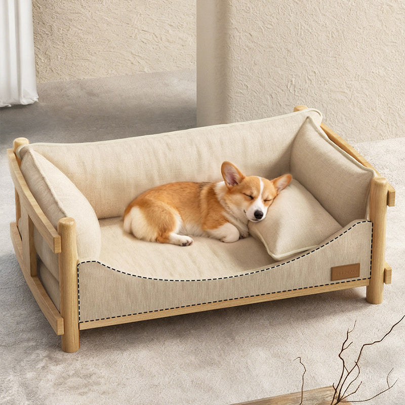Modern Minimalist Birch Plywood Rectangular Pet Dog Bed With Removable Washable Linen Cover For Living Room