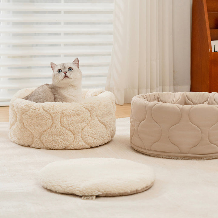 Modernes kreatives rundes Haustierbett aus Polyester-Plüsch für Hunde &amp; Katzen, faltbar, waschbar, für alle Jahreszeiten, fürs Wohnzimmer 