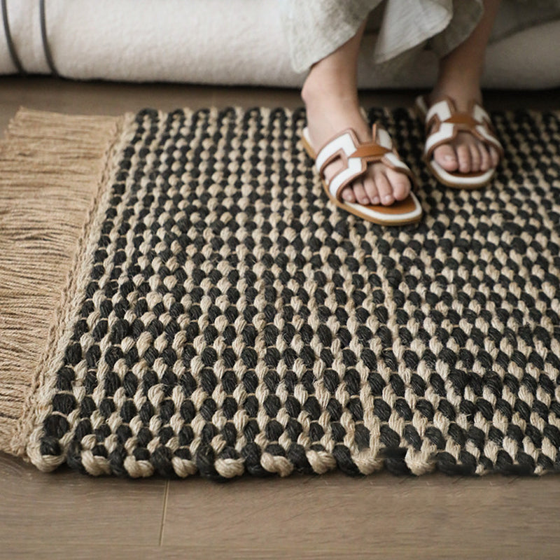 Contemporary Boho Rectangular Chunky Woven Jute Rug Double-Sided Fringe Design For Bedroom Entryway