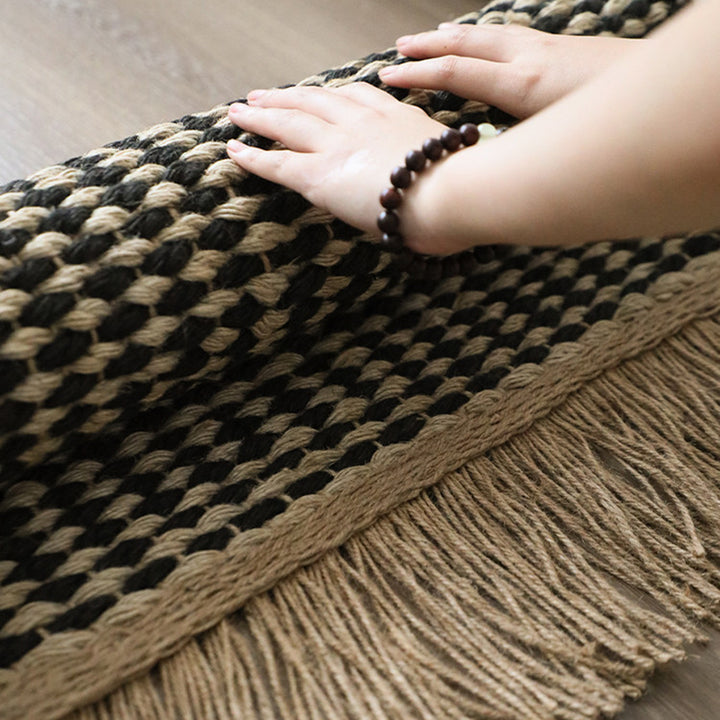 Contemporary Boho Rectangular Chunky Woven Jute Rug Double-Sided Fringe Design For Bedroom Entryway