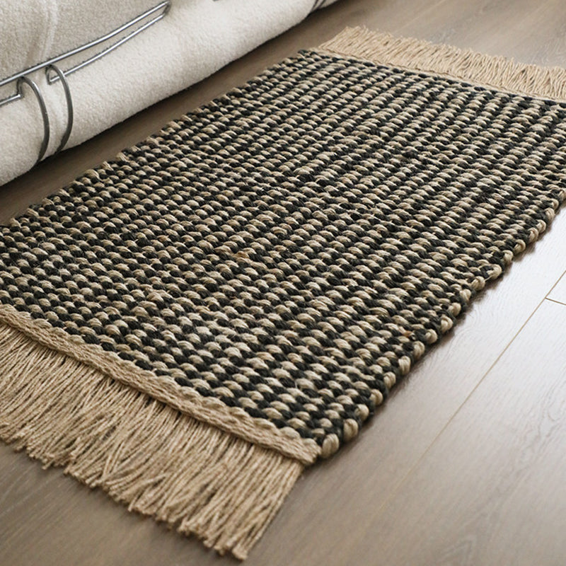 Contemporary Boho Rectangular Chunky Woven Jute Rug Double-Sided Fringe Design For Bedroom Entryway
