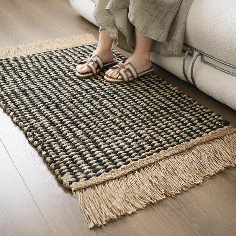 Contemporary Boho Rectangular Chunky Woven Jute Rug Double-Sided Fringe Design For Bedroom Entryway
