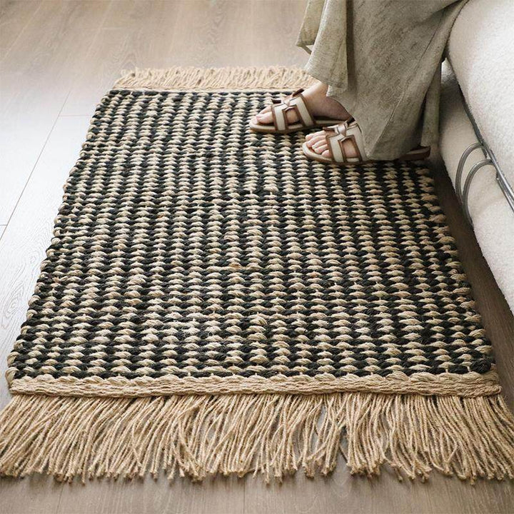 Contemporary Boho Rectangular Chunky Woven Jute Rug Double-Sided Fringe Design For Bedroom Entryway