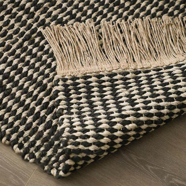 Contemporary Boho Rectangular Chunky Woven Jute Rug Double-Sided Fringe Design For Bedroom Entryway