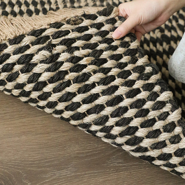Contemporary Boho Rectangular Chunky Woven Jute Rug Double-Sided Fringe Design For Bedroom Entryway