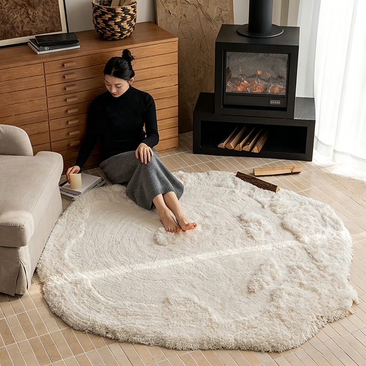 Contemporary Nordic Cotton Linen & Polyester Irregular Round Area Rug Non-Slip Plush Carpet For Living Room & Bedroom