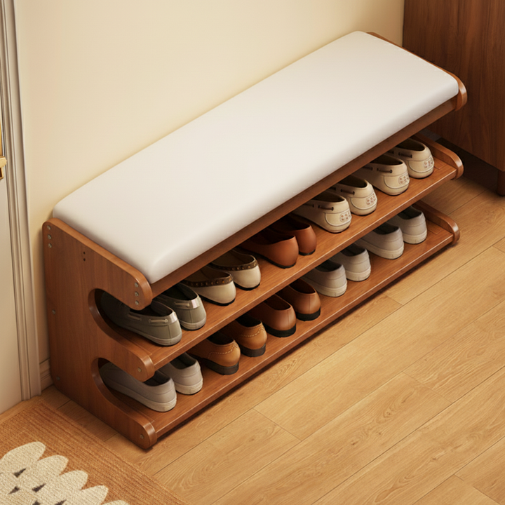 Banco zapatero rectangular de cuero PU de bambú minimalista moderno con almacenamiento de 2 niveles para la entrada 