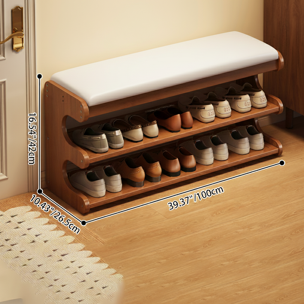 Banco zapatero rectangular de cuero PU de bambú minimalista moderno con almacenamiento de 2 niveles para la entrada 