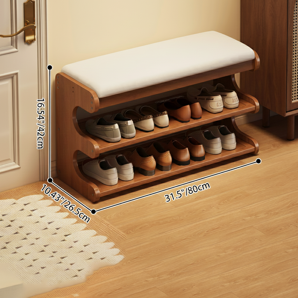 Banco zapatero rectangular de cuero PU de bambú minimalista moderno con almacenamiento de 2 niveles para la entrada 