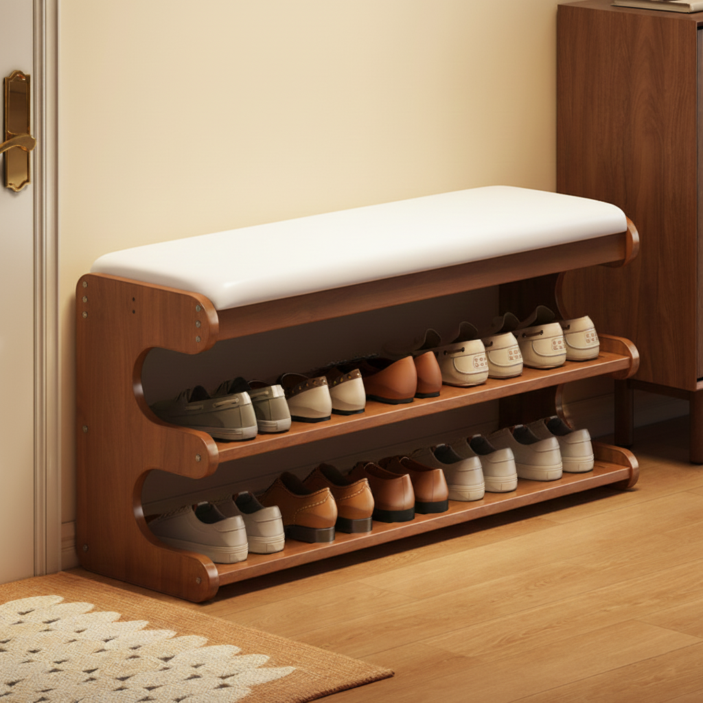 Banco zapatero rectangular de cuero PU de bambú minimalista moderno con almacenamiento de 2 niveles para la entrada 
