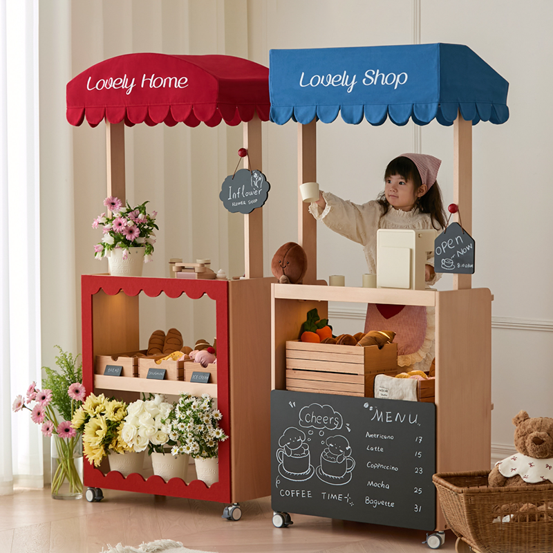 Contemporary Retro Solid Beech Wood &amp; Plywood Canvas Ceramics Montessori Toy Storage Shelf - Convertible Double-Sided Kids Bookshelf &amp; Play Market Organizer With Wheels