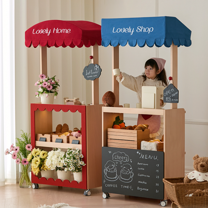 Contemporary Retro Solid Beech Wood &amp; Plywood Canvas Ceramics Montessori Toy Storage Shelf - Convertible Double-Sided Kids Bookshelf &amp; Play Market Organizer With Wheels